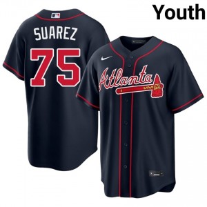 Youth Robert Suarez #75 Navy Stitched Jersey | ATL Braves Authentic Baseball Gear 37960300